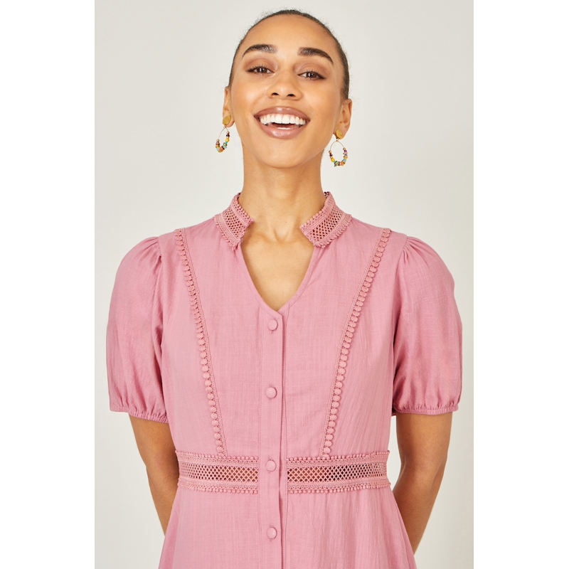 Yumi Pink Cotton Lace Trim Skater Shirt Dress | Yumi | Wolf & Badger