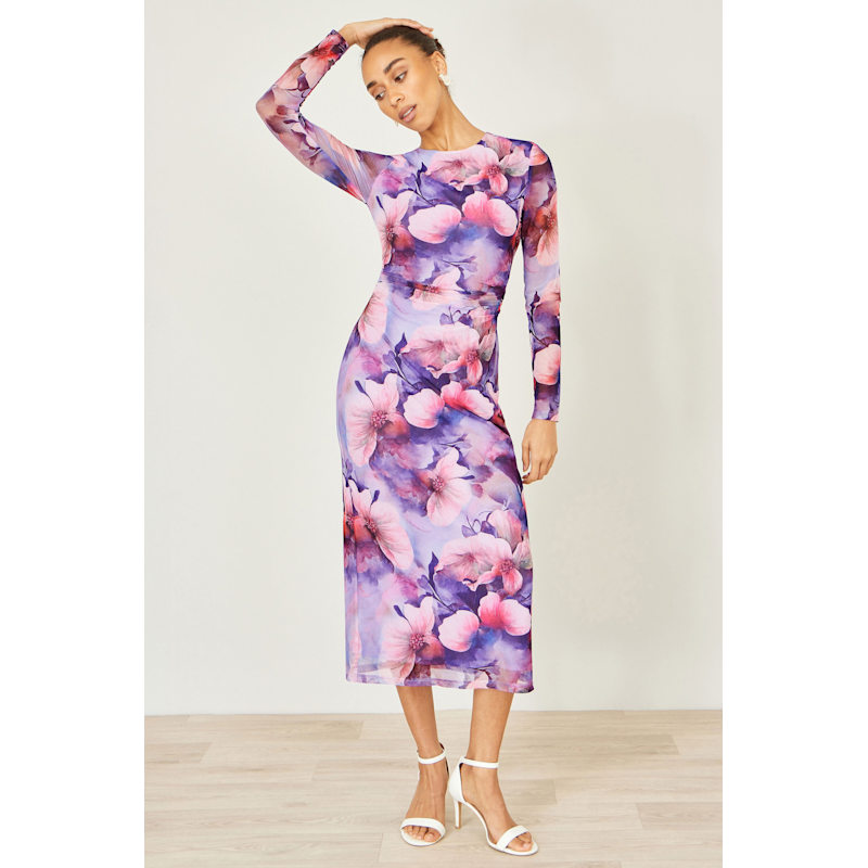strapless open back dress Purple V Neck Floral Chiffon Midi Dress main image 0