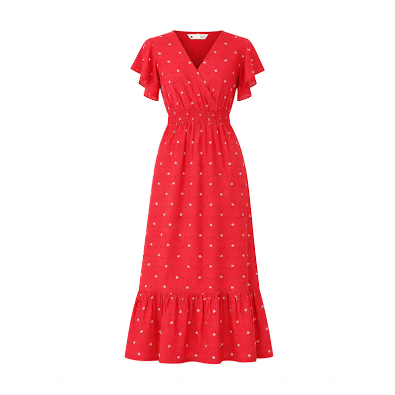 Thumbnail of Yumi Red Broderie Anglaise Wrap Midi Dress With Flower Embroidery image