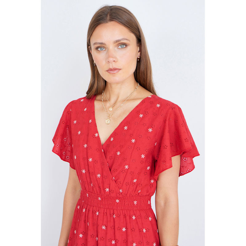 Thumbnail of Yumi Red Broderie Anglaise Wrap Midi Dress With Flower Embroidery image