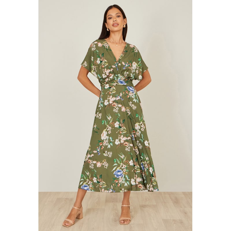 Yumi Sage Green Viscose Floral Print Midi Dress With Ruched Waist | Yumi |  Wolf & Badger