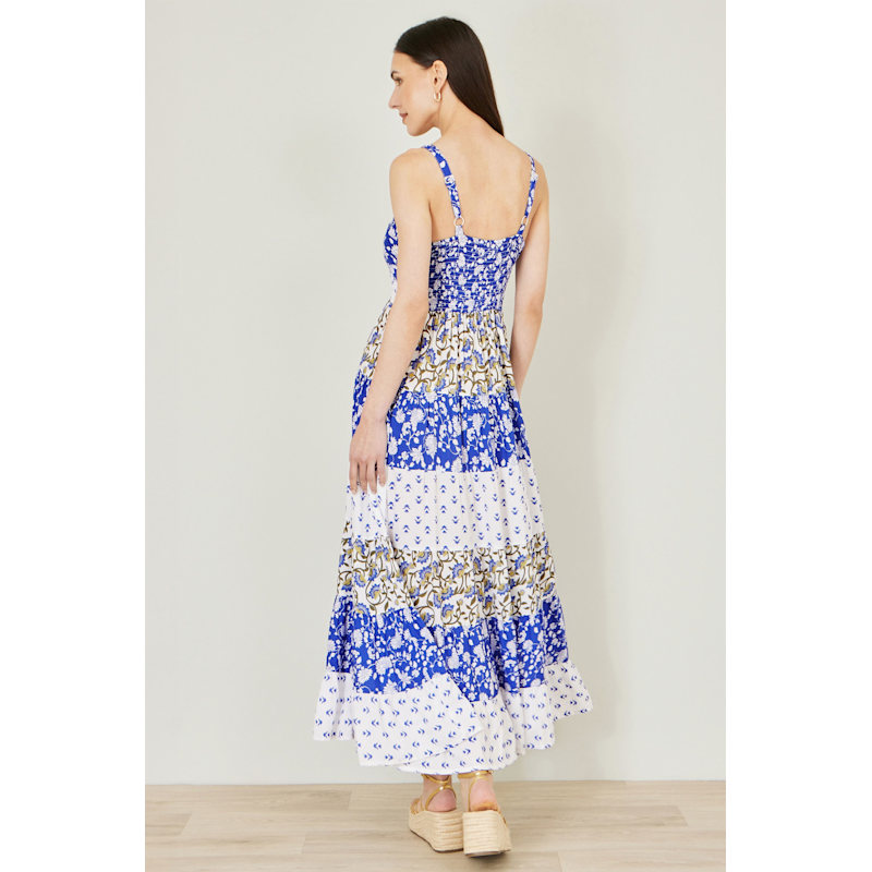 blue and white patchwork dress Yumi Rayon Print Tiered Maxi | Yumi this heirloom