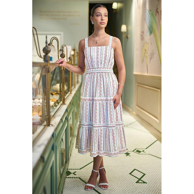 yumi lace dress Yumi Ivory Foil Print Midi Sun Dress With Lace Trims by Yumi