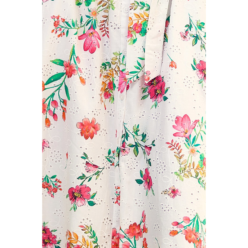 Yumi White Floral Print Cotton Broderie Anglaise Midi Shirt Dress