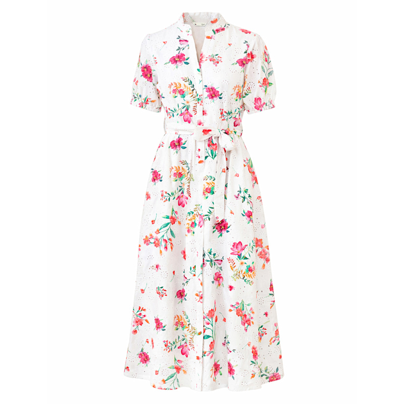 Yumi White Floral Print Cotton Broderie Anglaise Midi Shirt Dress | Yumi |  Wolf & Badger