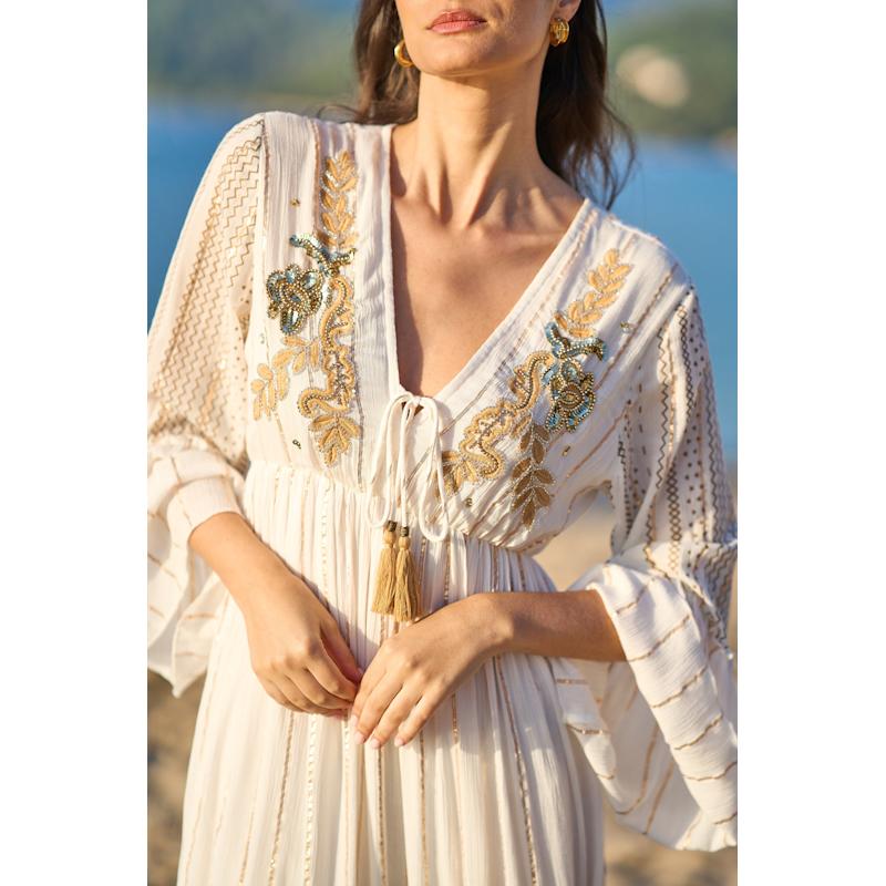 yumi long sleeve dress Yumi White Metallic Embellished Maxi Dress With Long Sleeves by Yumi