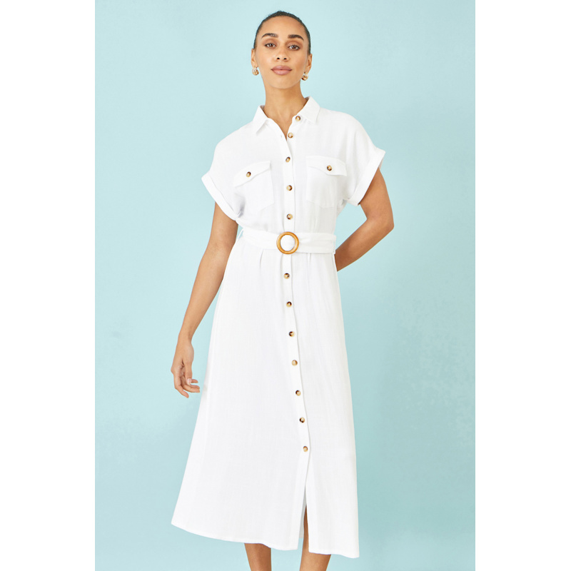 Thumbnail of Yumi White Viscose Linen Look Midi Shirt Dress With Wooden Belt image