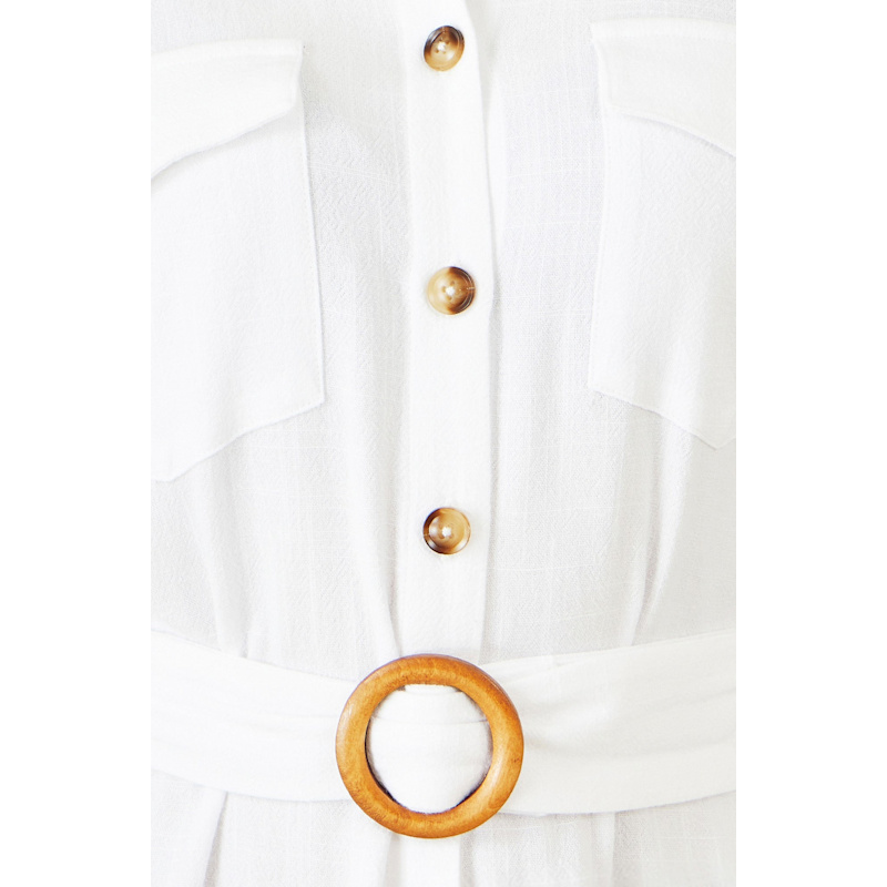 Yumi White Viscose Linen Look Midi Shirt Dress With Wooden Belt | Yumi |  Wolf & Badger