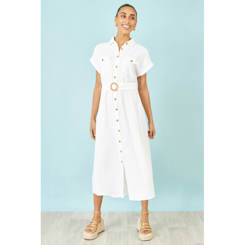 Thumbnail of Yumi White Viscose Linen Look Midi Shirt Dress With Wooden Belt image