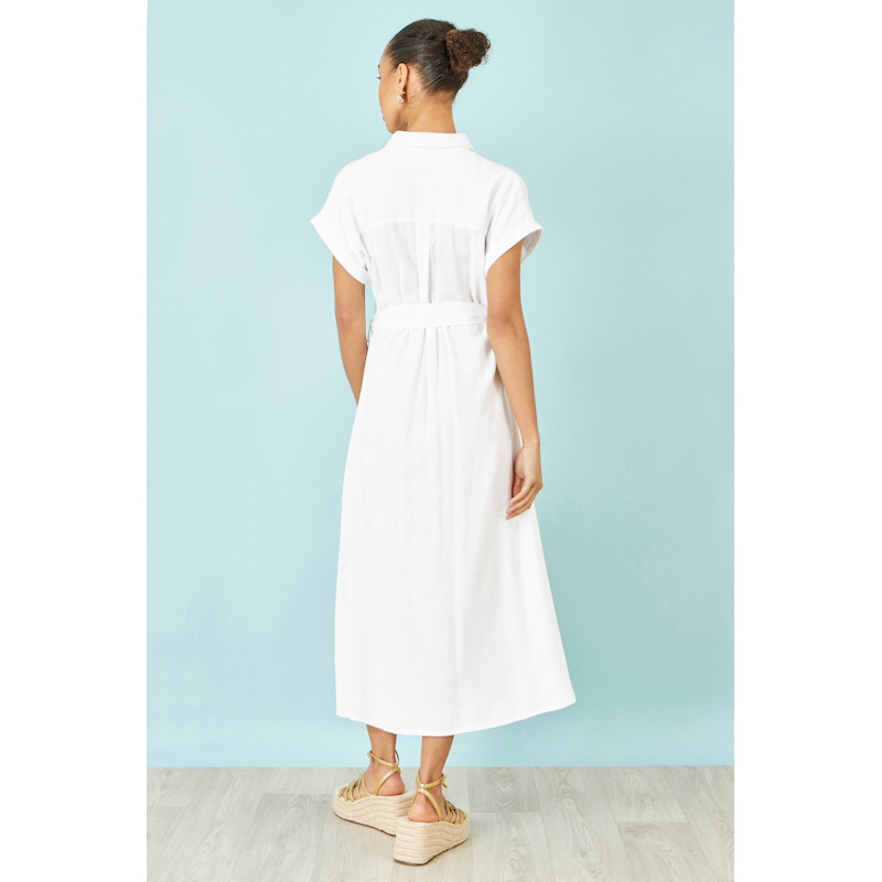Yumi White Viscose Linen Look Midi Shirt Dress With Wooden Belt | Yumi |  Wolf & Badger