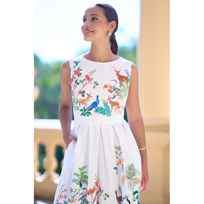cotton midi skater dress Yumi White Woodland Animal Print Cotton Midi Skater Dress by Yumi