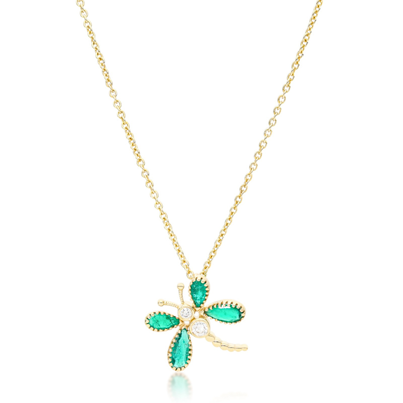 Thumbnail of 14K Yellow Gold Emerald Diamond Dragonfly Slider Necklace In Green image