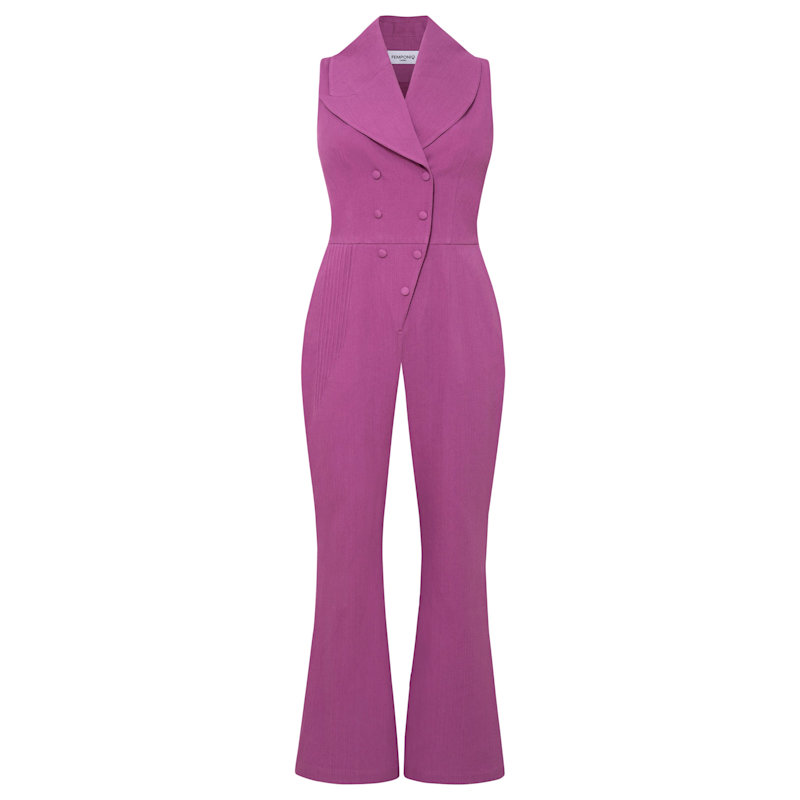 Double Breasted Shawl Lapel Jumpsuit - Purple Orchid | Femponiq
