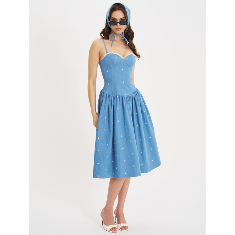 white christmas dresses Moons & Stars Embroidered Denim Dress With Pockets main image 0