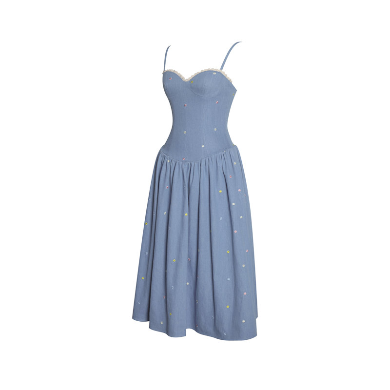 Thumbnail of Zadie Cotton Denim Drop Waist Embroidery Flower Midi Dress image