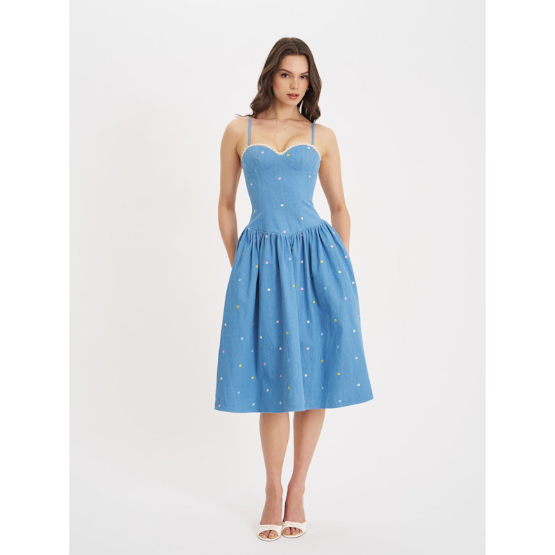 Thumbnail of Zadie Cotton Denim Drop Waist Embroidery Flower Midi Dress image