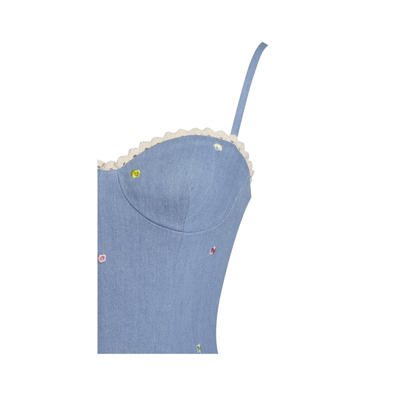Thumbnail of Zadie Cotton Denim Drop Waist Embroidery Flower Midi Dress image