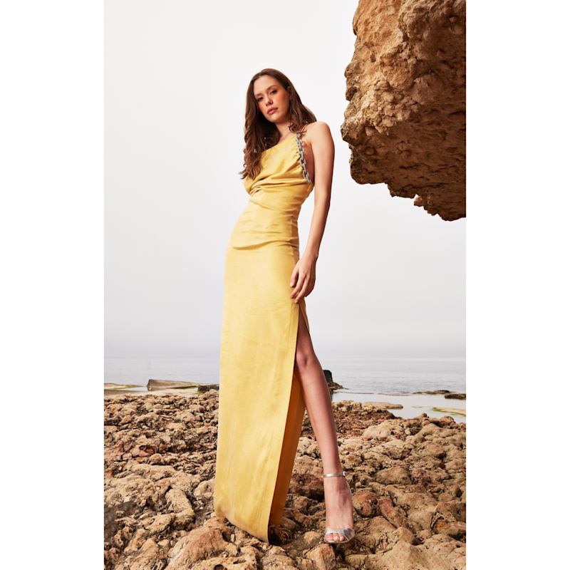 slim fit dress slacks Fortuna One Shoulder Split Maxi Dress Black/Gold Selfie Leslie