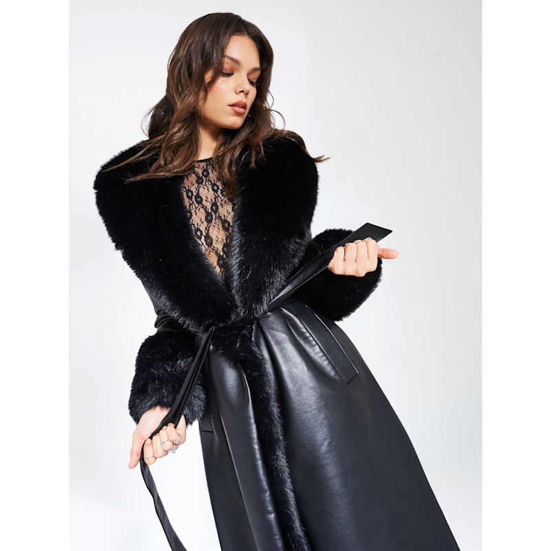 Thumbnail of Zaida Black Vegan Fur Trim Black Vegan Leather Coat image