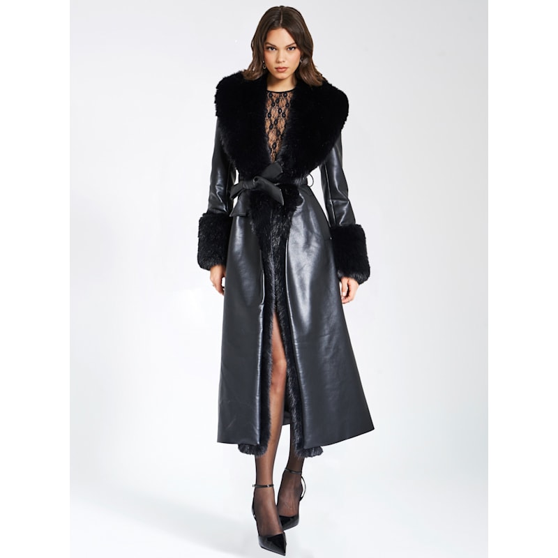 Thumbnail of Zaida Black Vegan Fur Trim Black Vegan Leather Coat image