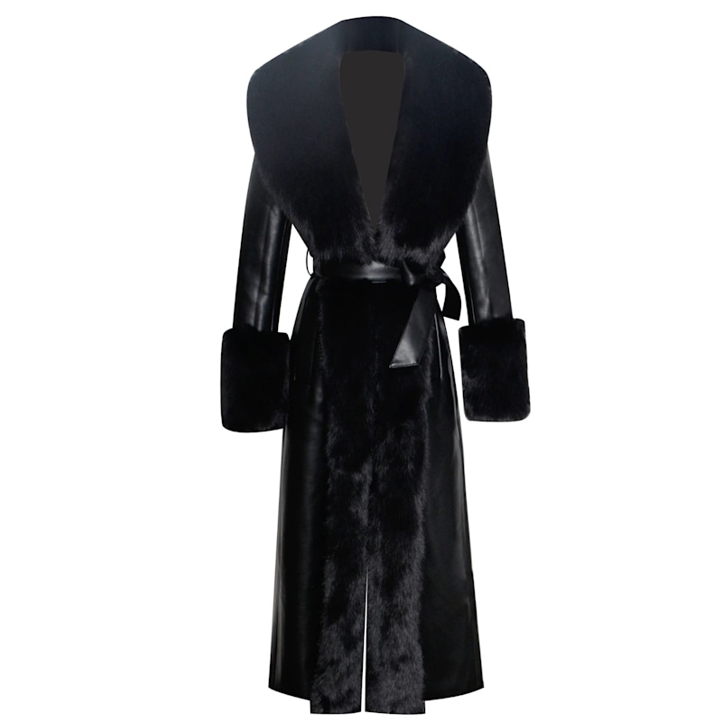 Thumbnail of Zaida Black Vegan Fur Trim Black Vegan Leather Coat image