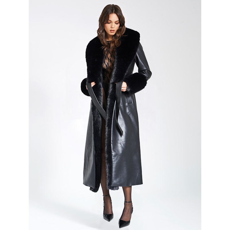Thumbnail of Zaida Black Vegan Fur Trim Black Vegan Leather Coat image