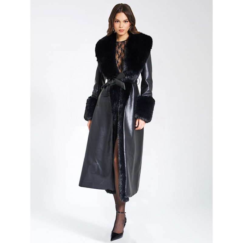 Thumbnail of Zaida Black Vegan Fur Trim Black Vegan Leather Coat image