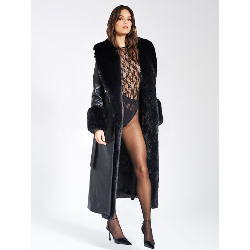 Thumbnail of Zaida Black Vegan Fur Trim Black Vegan Leather Coat image