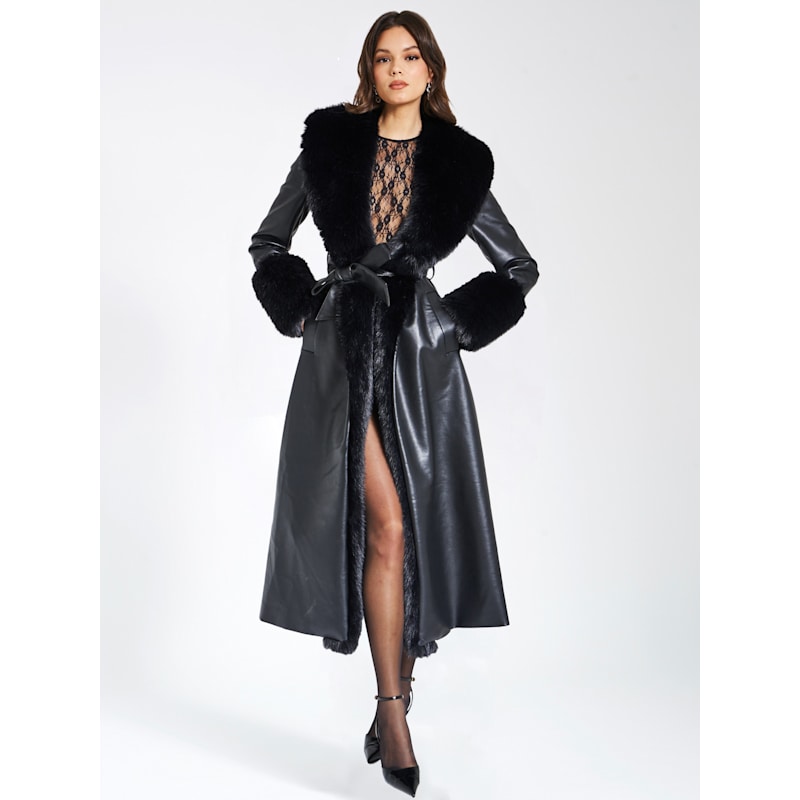 Thumbnail of Zaida Black Vegan Fur Trim Black Vegan Leather Coat image