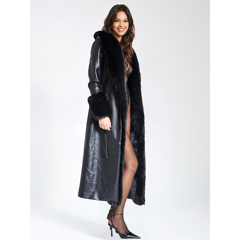 Thumbnail of Zaida Black Vegan Fur Trim Black Vegan Leather Coat image