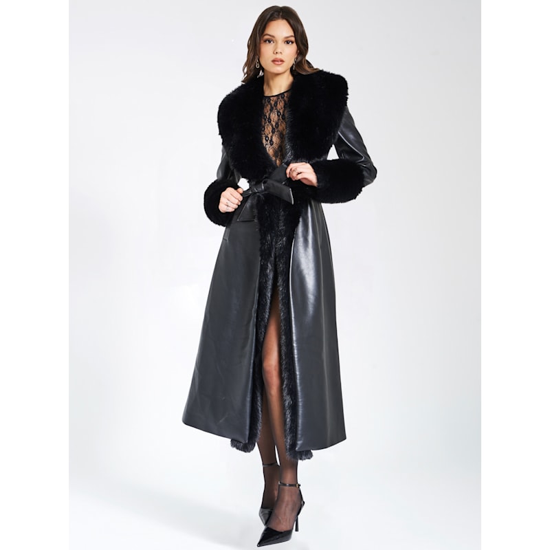 Thumbnail of Zaida Black Vegan Fur Trim Black Vegan Leather Coat image