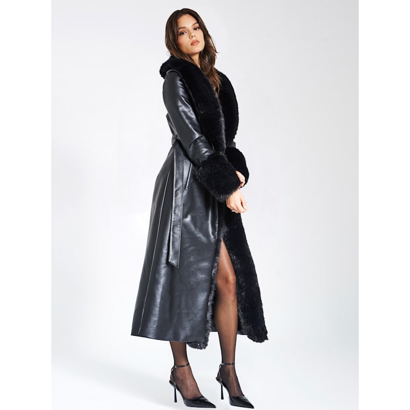 Thumbnail of Zaida Black Vegan Fur Trim Black Vegan Leather Coat image