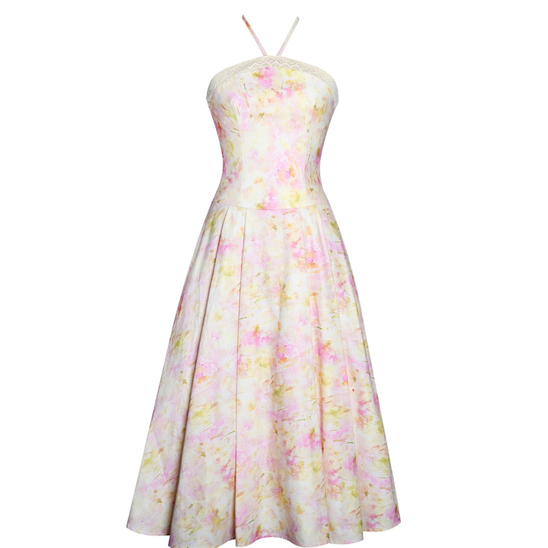 Thumbnail of Zaina Yellow Pink Floral Print Lace Trim Linen Midi Dress image