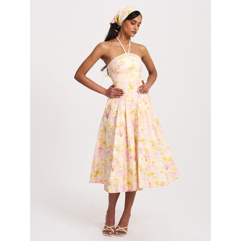 Yellow + Pink Floral Printed Dress with Waist Tie
