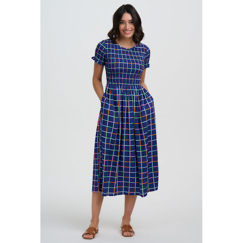 Thumbnail of Zamira Shirred Midi Dress Blue, Matchstick Check image
