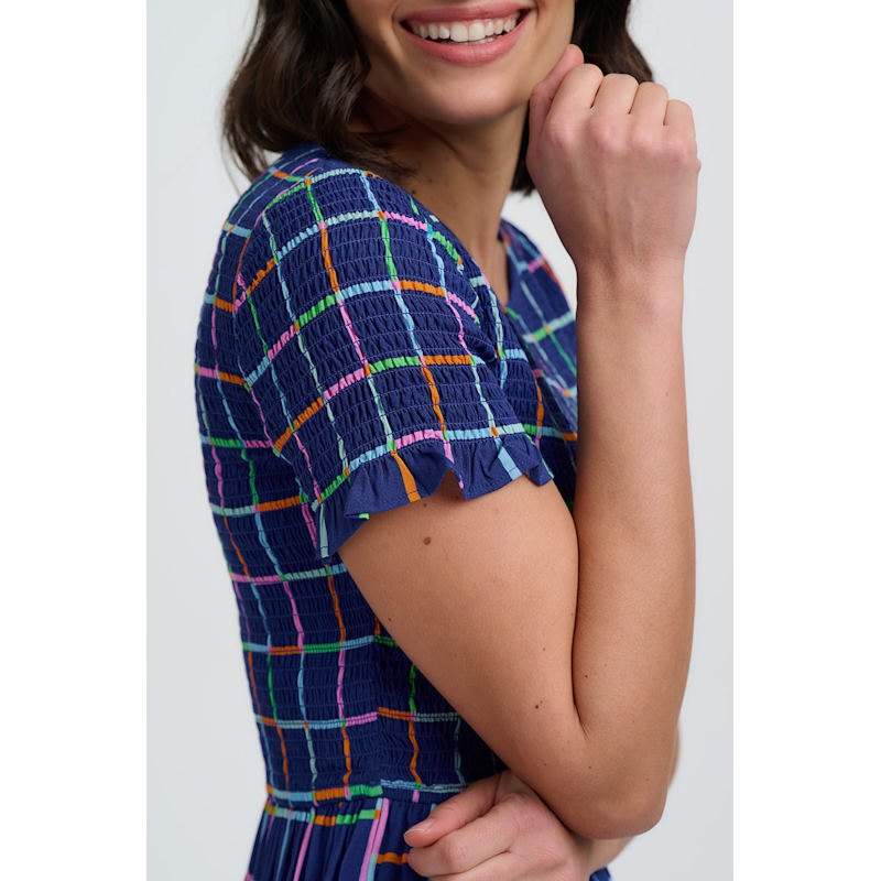 Thumbnail of Zamira Shirred Midi Dress Blue, Matchstick Check image