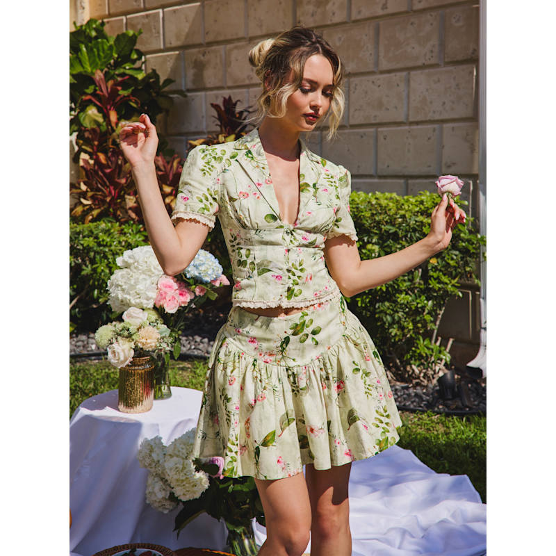 Thumbnail of Zanella Green Floral Print Lace Trim Linen Top image