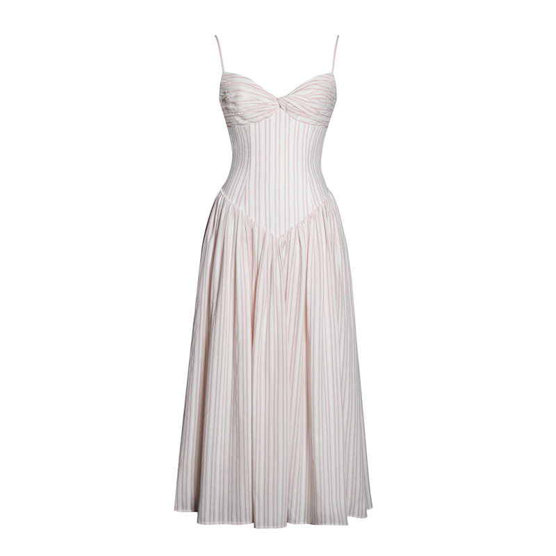 Zania Pink Stripe Ruched Breast Cotton Jacquard Midi Dress