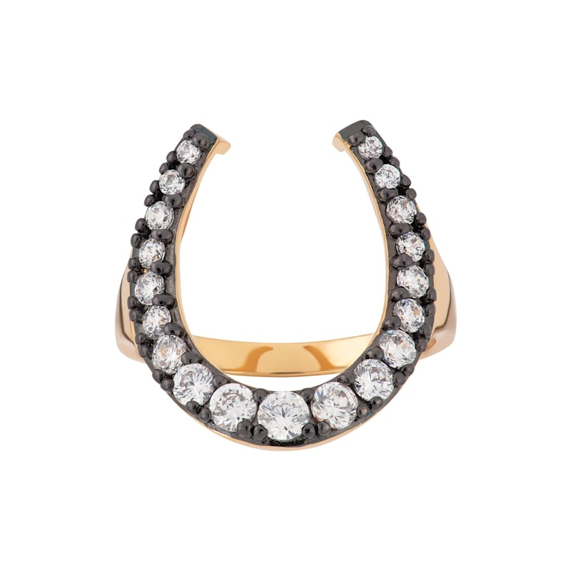 Thumbnail of Gold & Black Horseshoe Ring With Clear Stones image