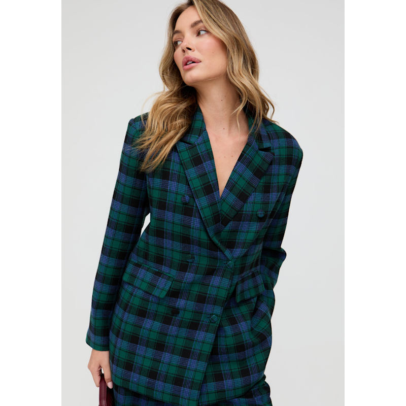 Thumbnail of Zena Double Breasted Prince Of Wales Check Print Jacket In Blue image