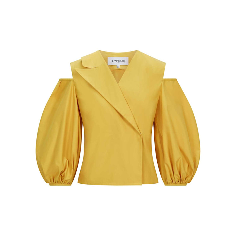 Thumbnail of Cold Shoulder Puff Sleeve Lapel Top - Yellow & Orange image