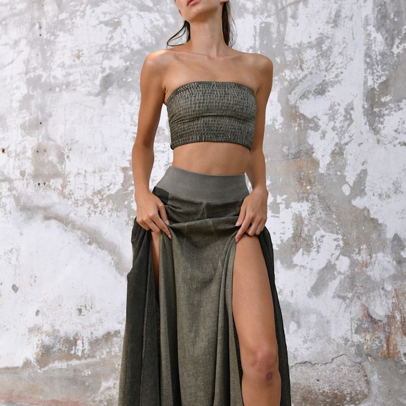 Zhe Skirt Boho High Slit Maxi Skirt - Khaki Green | Zhenabia