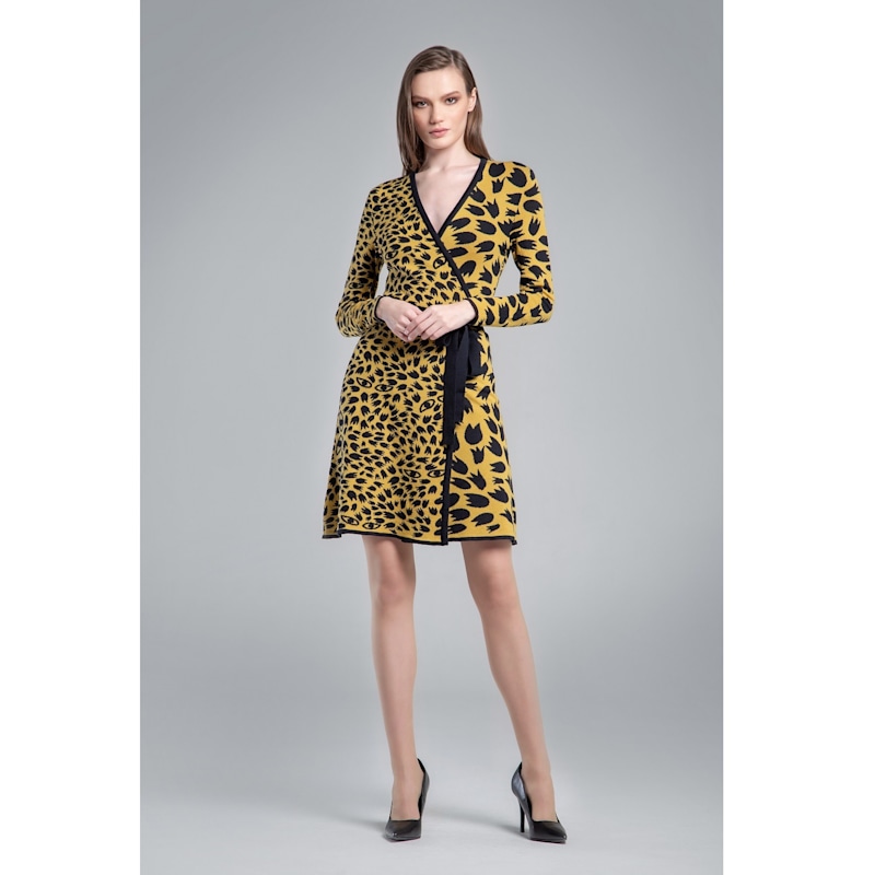 Thumbnail of Savannah Jacquard-Knit Wrap Dress With Animal Pattern In Yellow image
