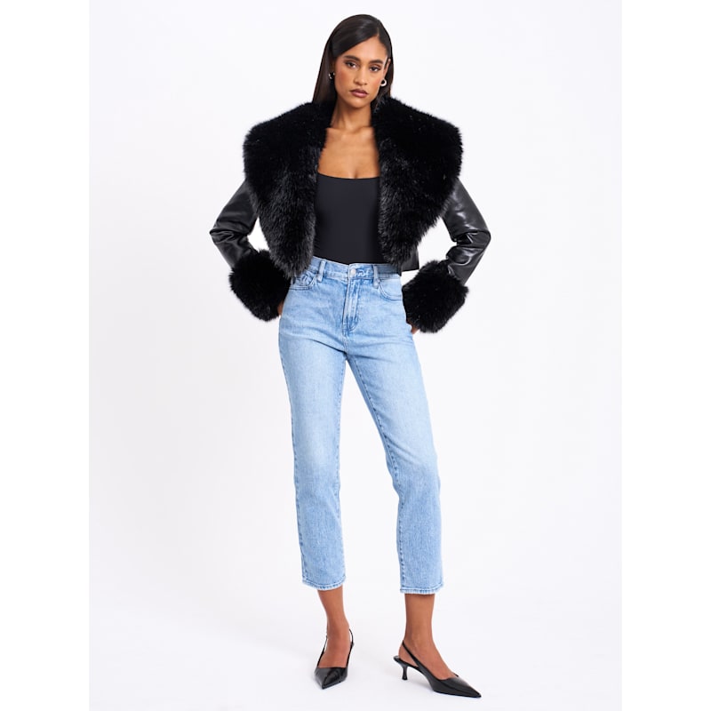 Thumbnail of Ziah Cropped Leather Jacket With Fur Collar image