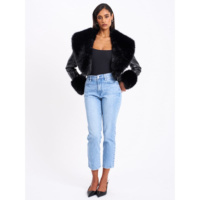 Thumbnail of Ziah Cropped Leather Jacket With Fur Collar image