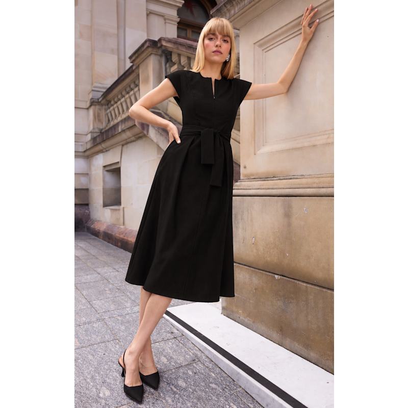 black midi dress fit and flare Zip Front Stretch In | SACHA DRAKE fit and flare dress for a wedding guest