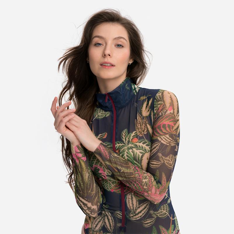 Thumbnail of Tan-Through Mesh One-Piece Zipper Swimsuit with Sleeves Botanicum - Quick Dry image