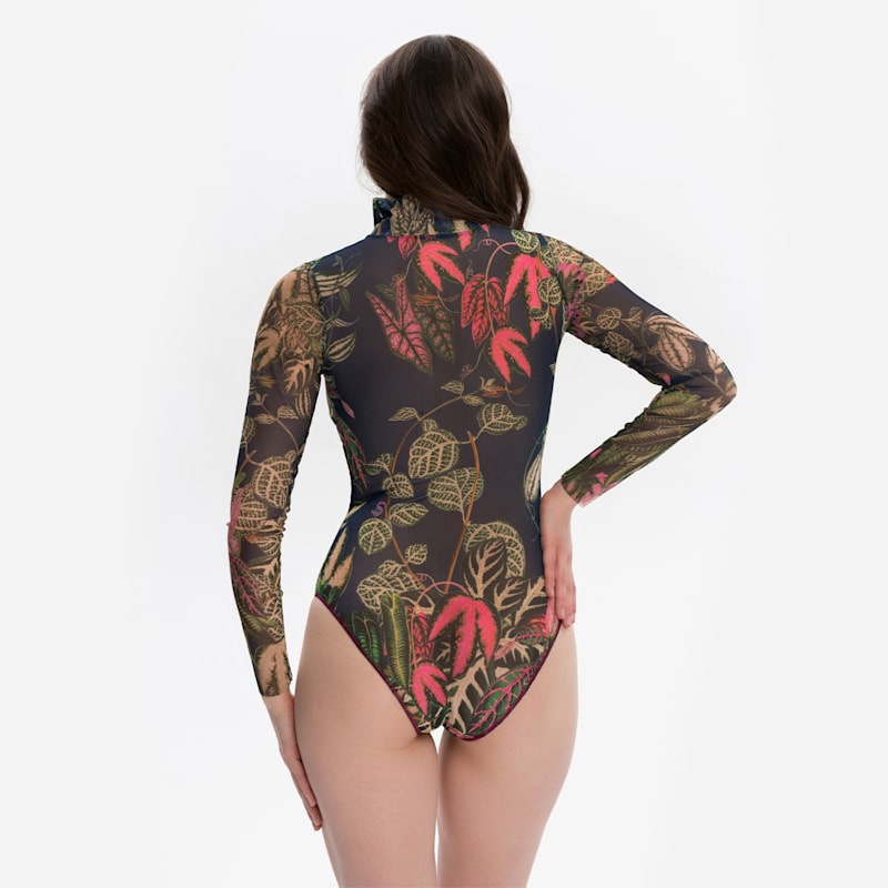 Thumbnail of Tan-Through Mesh One-Piece Zipper Swimsuit with Sleeves Botanicum - Quick Dry image