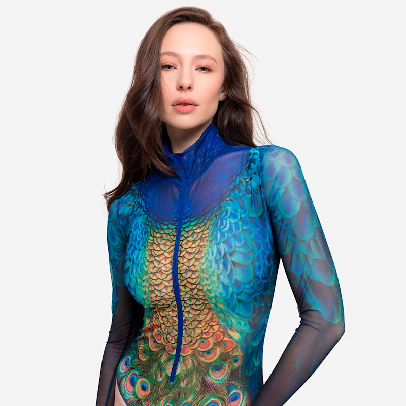 Thumbnail of Tan-Through Mesh One-Piece Zipper Swimsuit With Sleeves Peacock Mayura - Quick Dry image