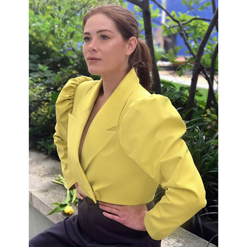 Thumbnail of Puff Shoulder Cropped Cotton Blazer - Mustard Yellow image